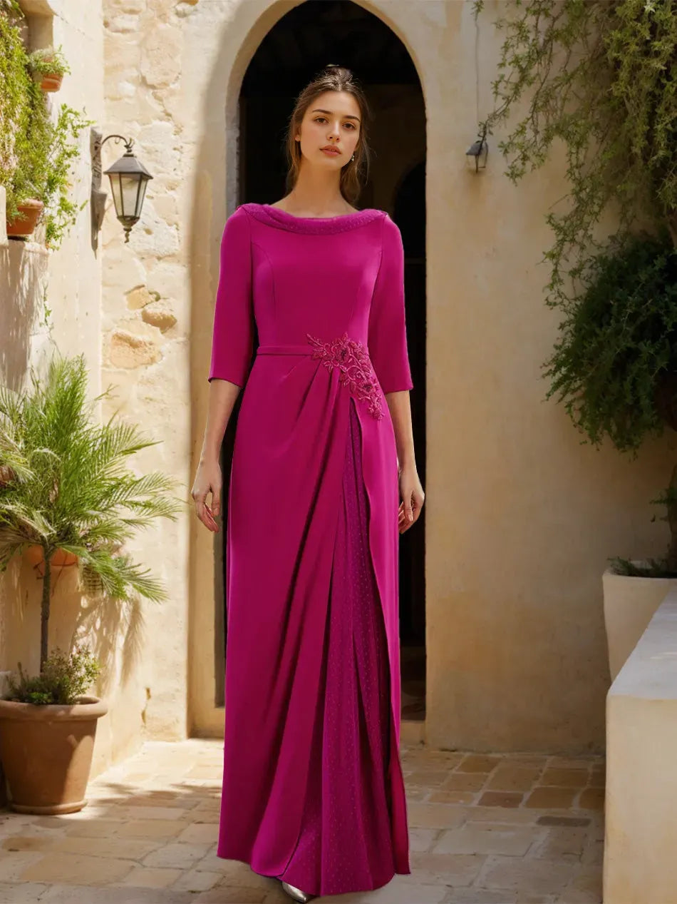 Neck 3/4 Sleeves Floor-Length Mother of the Bride Dresses with Sash Slit Jewel Appliques