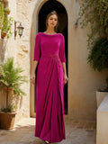 Neck 3/4 Sleeves Floor-Length Mother of the Bride Dresses with Sash Slit Jewel Appliques