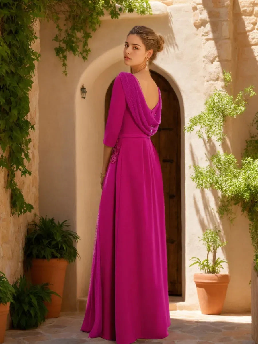 Neck 3/4 Sleeves Floor-Length Mother of the Bride Dresses with Sash Slit Jewel Appliques