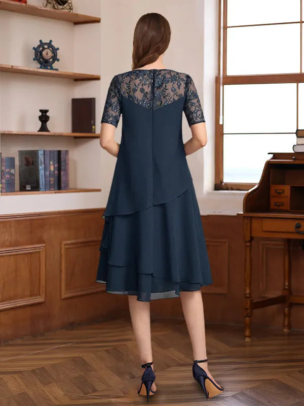 Neck Short Sleeves Knee-Length Mother of the Bride Groom Dresses with Ruffles Appliques Sequins