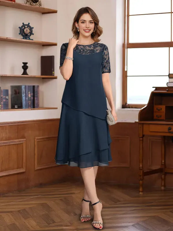 Neck Short Sleeves Knee-Length Mother of the Bride Groom Dresses with Ruffles Appliques Sequins