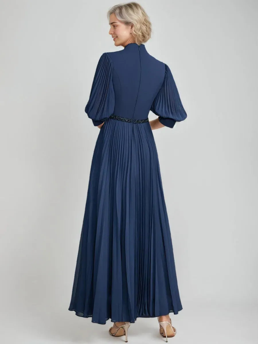 Neckline Ankle-Length Pleated Mother of the Bride Dresses with Sequins Beads