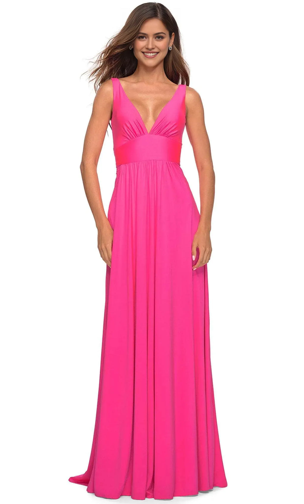 Pink Neon Deep V - Neck Prom Dress with Waistband and High Side Slit Perfect for Formal Evening Occasions