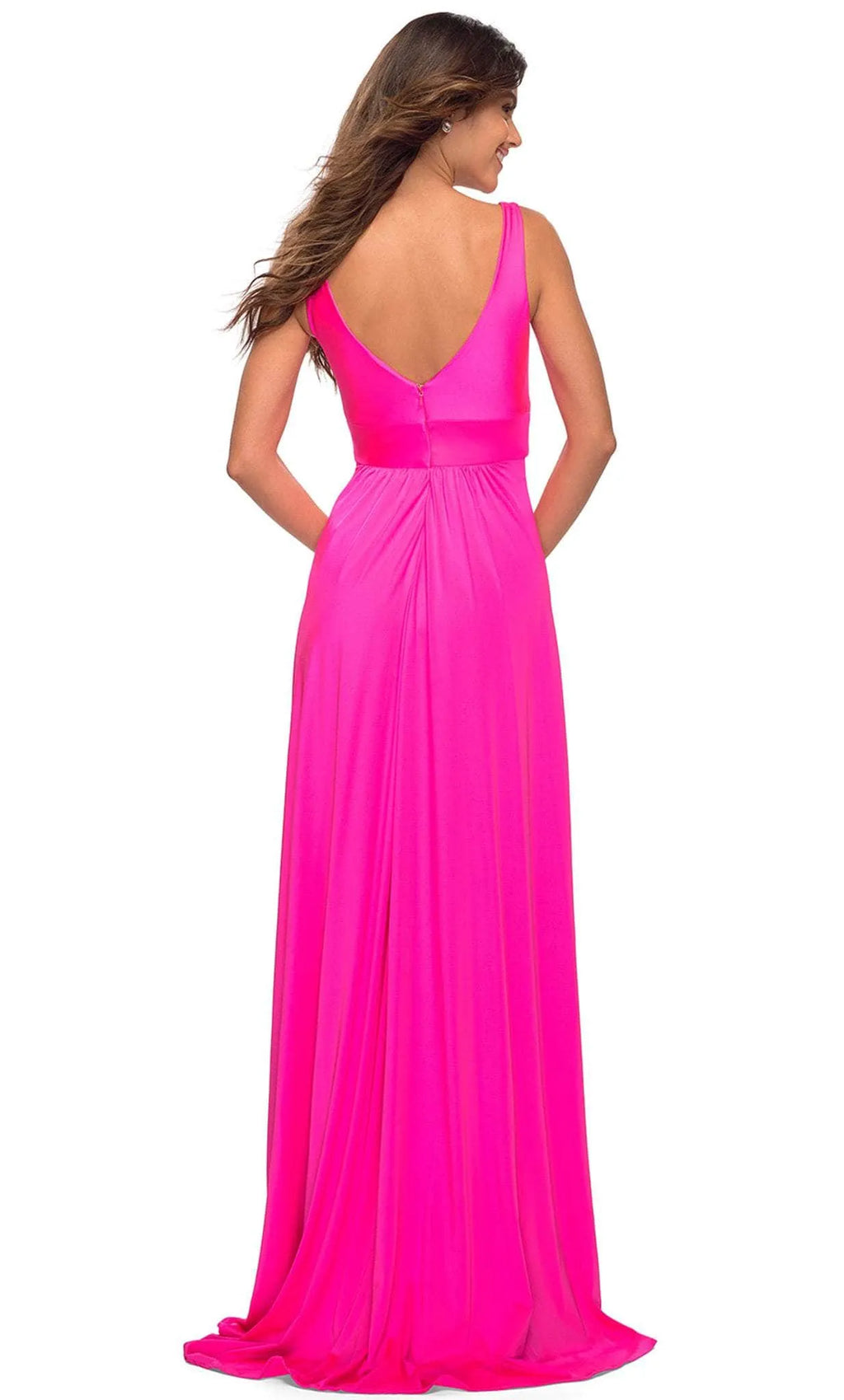 Pink Neon Deep V - Neck Prom Dress with Waistband and High Side Slit Perfect for Formal Evening Occasions