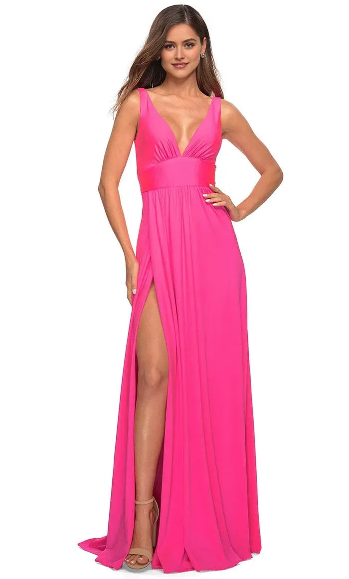 Pink Neon Deep V - Neck Prom Dress with Waistband and High Side Slit Perfect for Formal Evening Occasions