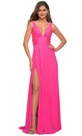 Pink Neon Deep V - Neck Prom Dress with Waistband and High Side Slit Perfect for Formal Evening Occasions