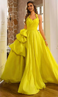 Yellow Neon Halter Neck Prom Gown with Draped Bodice Side Ruffle Detail High Slit Perfect for Formal Evening Events Galas