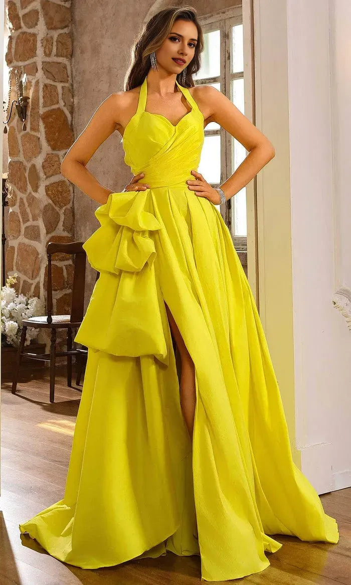 Yellow Neon Halter Neck Prom Gown with Draped Bodice Side Ruffle Detail High Slit Perfect for Formal Evening Events Galas