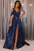 Navy Blue Arrival One-Shoulder Sequins Prom Dresses Chic A-Line Side-Slit Evening Gowns