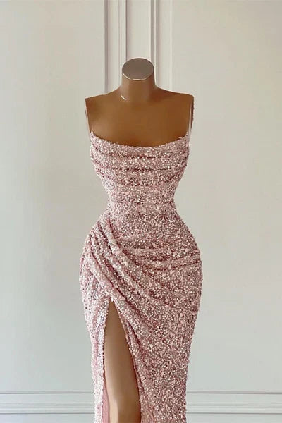 Pink Arrival Sequins Sleeveless Evening Dresses With Split