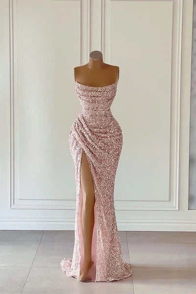 Pink Arrival Sequins Sleeveless Evening Dresses With Split