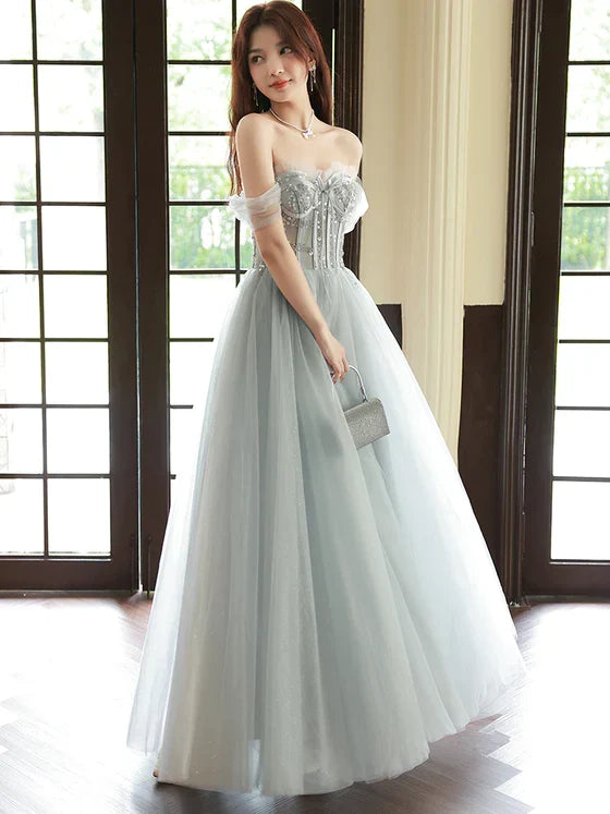 Grey Sliver Beaded Straps Long Party Dress, Grey Formal Dress