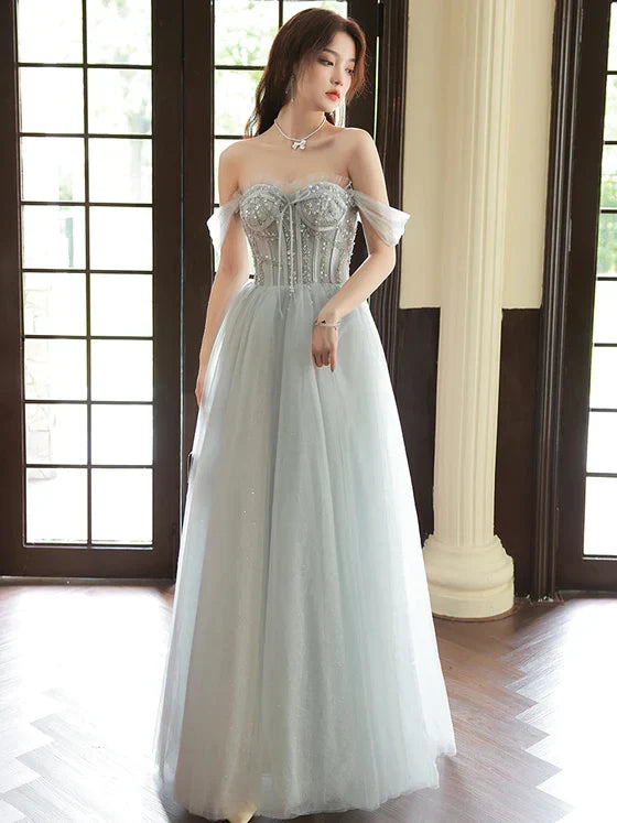 Grey Sliver Beaded Straps Long Party Dress, Grey Formal Dress