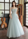 Grey Sliver Beaded Straps Long Party Dress, Grey Formal Dress