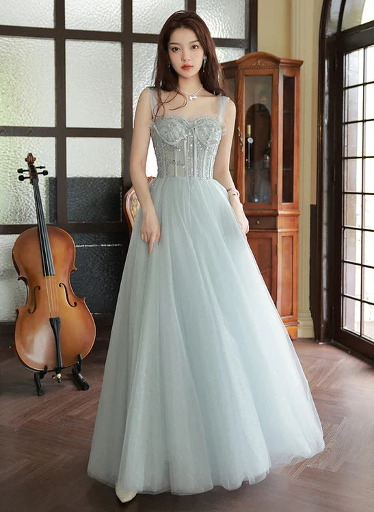 Grey Sliver Beaded Straps Long Party Dress, Grey Formal Dress