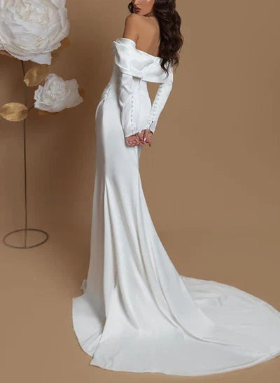 Elegant Red A-Line Classic-Neck Long-Sleeve Classic-Back Floor-Length Wedding Dress