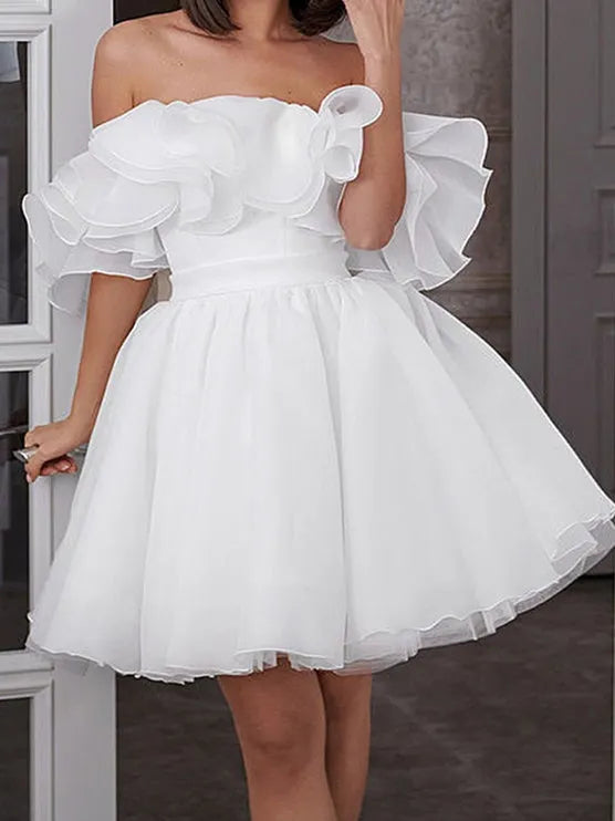Off - Shoulder Ruffle Wedding Dress Short Ball Gown Style