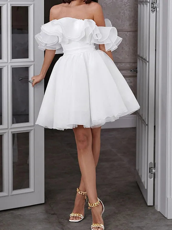 Off - Shoulder Ruffle Wedding Dress Short Ball Gown Style