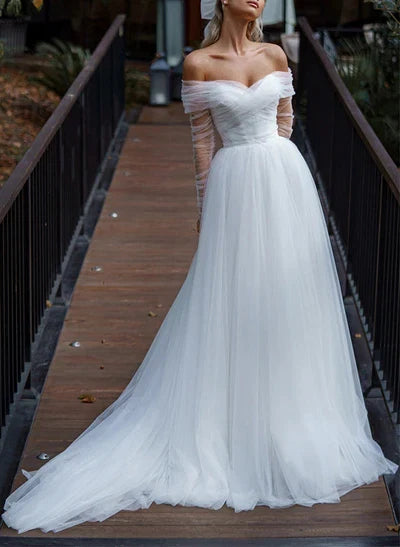 Off-The-Shoulder Long Sleeves Sweep Train Wedding Dresses