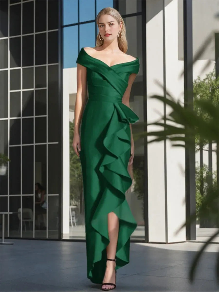 Off-The-Shoulder Sleeveless Pleated Asymmetrical Mother Of The Bride Dresses with Ruffles
