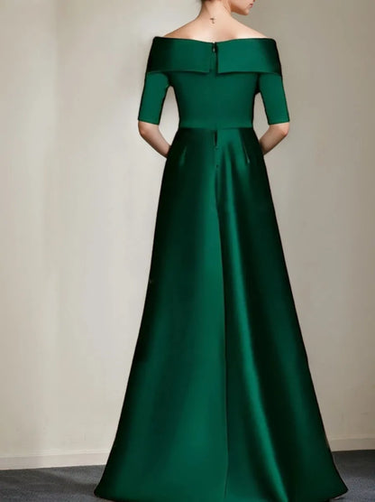 Elegant Red A-Line Off-the-Shoulder Classic-Sleeve Classic-Back Floor-Length Mother-of-the-Bride Dress