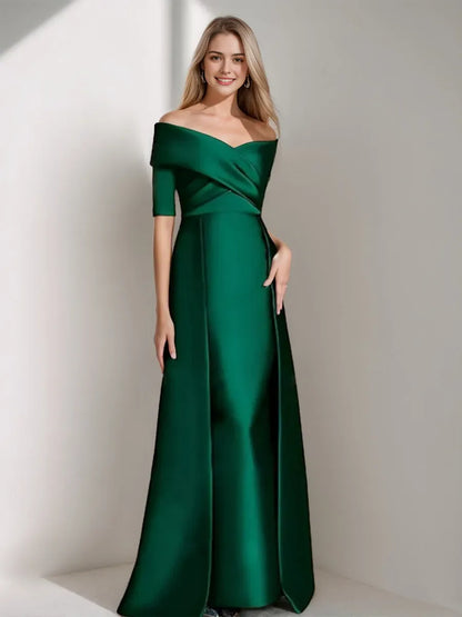 Elegant Red A-Line Off-the-Shoulder Classic-Sleeve Classic-Back Floor-Length Mother-of-the-Bride Dress