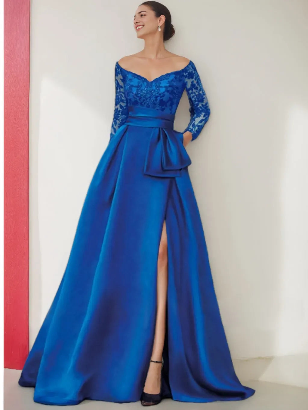 Off-the-Shoulder 3/4 Length Sleeves Floor-Length Mother of the Bride Dresses with Split Side