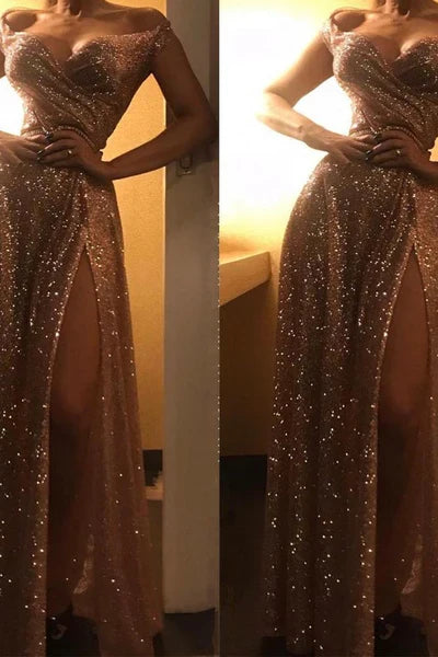 Gold Off-the-Shoulder Charming Sequins Evening Dresses Chic Side Slit Prom Dresses