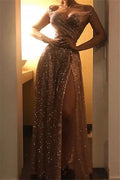 Gold Off-the-Shoulder Charming Sequins Evening Dresses Chic Side Slit Prom Dresses