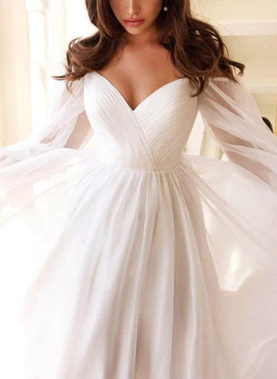 Off-the-Shoulder Long Sleeves Floor-Length Wedding Dress
