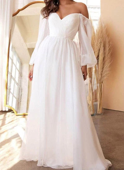 Off-the-Shoulder Long Sleeves Floor-Length Wedding Dress