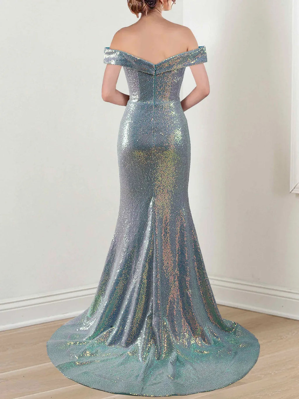 Off-the-Shoulder Sleeveless Floor-Length Long Mother of the Bride Dresses with Split Side Sequins Ruffles