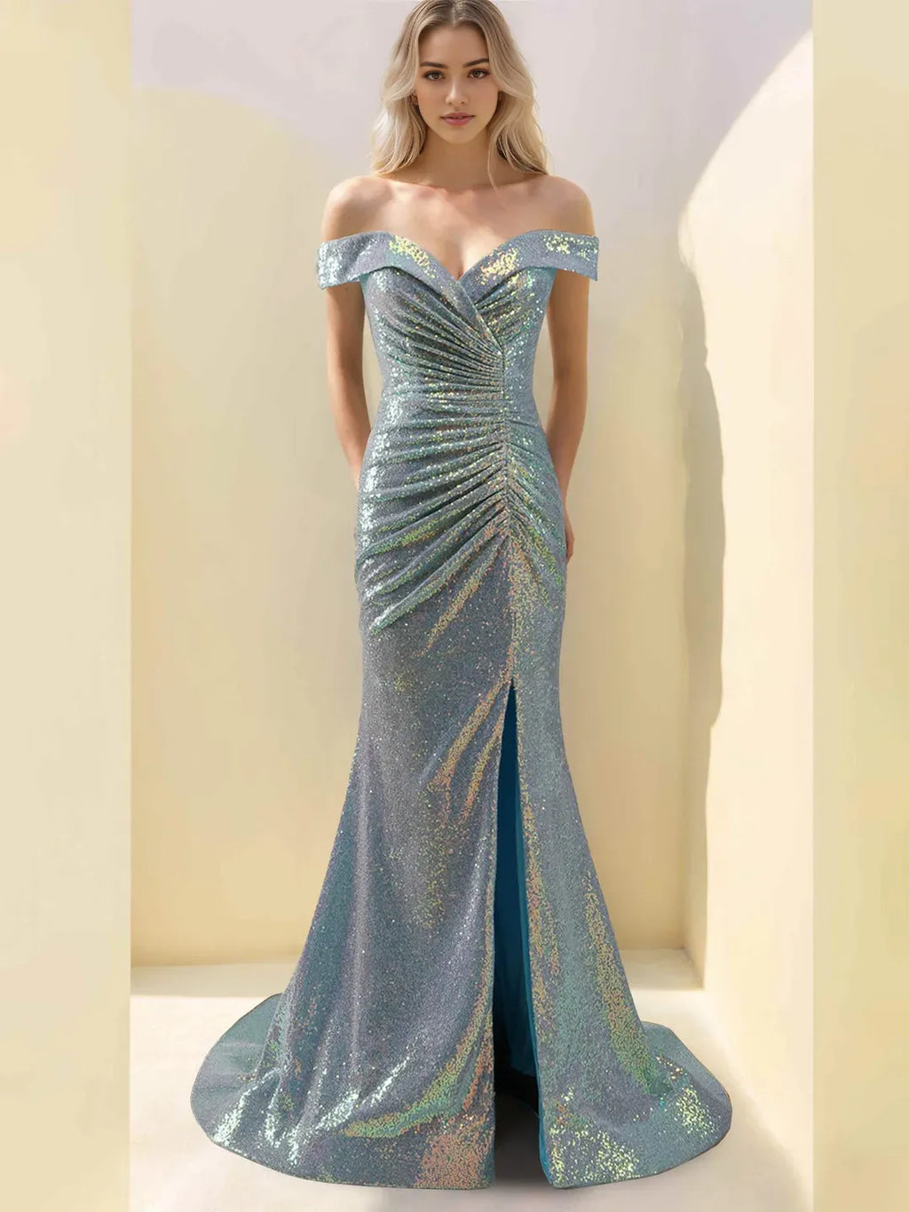 Off-the-Shoulder Sleeveless Floor-Length Long Mother of the Bride Dresses with Split Side Sequins Ruffles