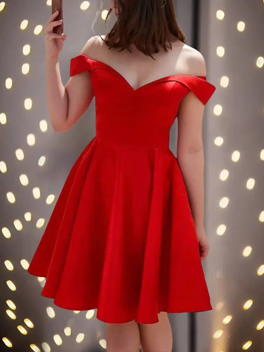Elegant Red A-Line Off-the-Shoulder Sleeveless Classic-Back Mini-Length Homecoming Dress