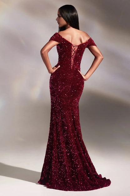 Special Occasion Sophisticated Graceful Elegant Red Sequin Mermaid Off-The-Shoulder Slit Floor-Length Prom Dress
