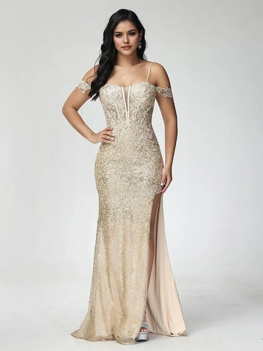 Elegant Red Sequin A-Line Classic-Neck Classic-Sleeve Classic-Back Floor-Length Prom Dress