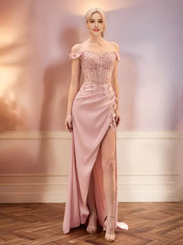 Off The Shoulder Flower Appliques Bodice Sheath Prom Dress