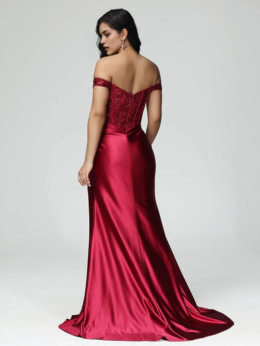 Elegant Red Slit Mermaid Off-the-Shoulder Classic-Sleeve Classic-Back Floor-Length Prom Dress