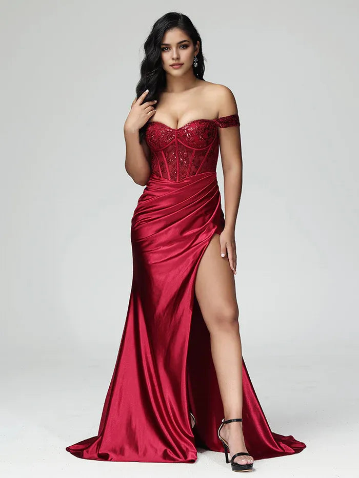 Off The Shoulder Mermaid Strapless Prom Dress With Slit