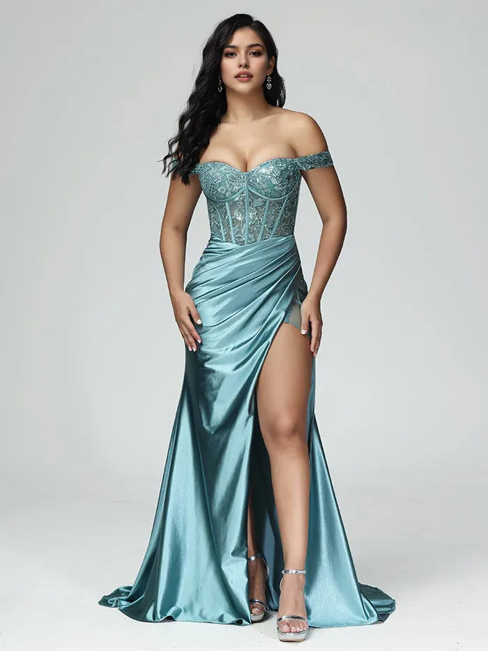 Off The Shoulder Strapless Prom Dress With Slit