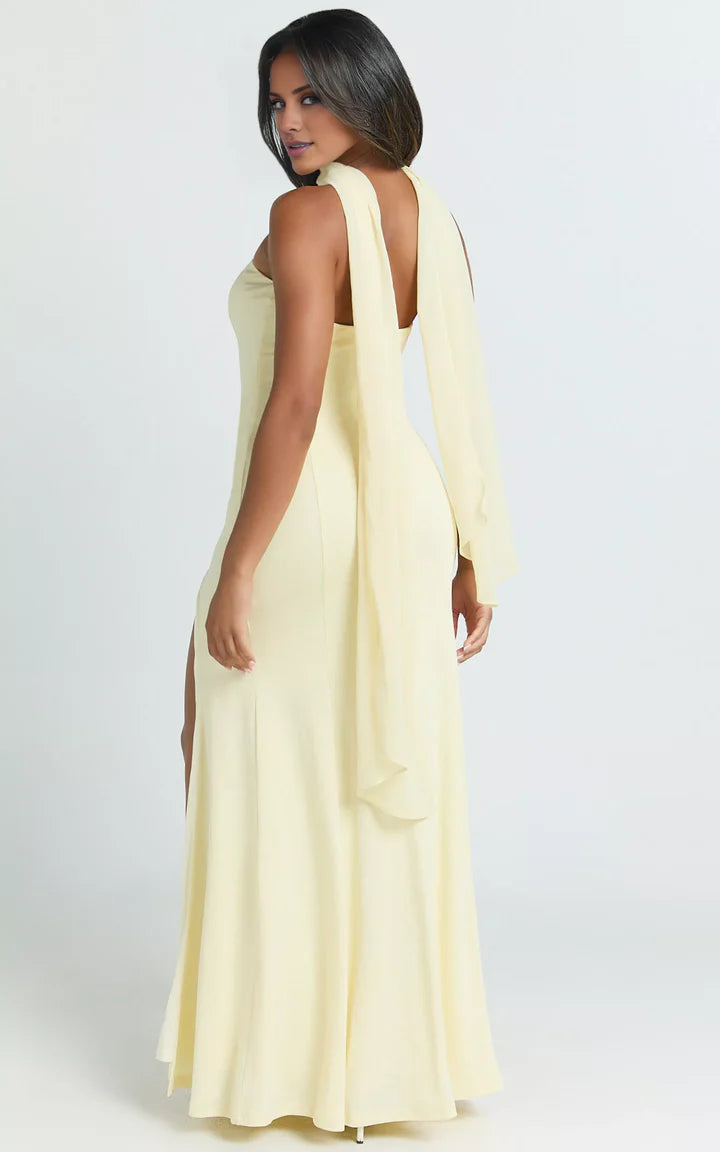 Pale Yellow Strapless High-Slit Mermaid Floor-Length Prom Dress