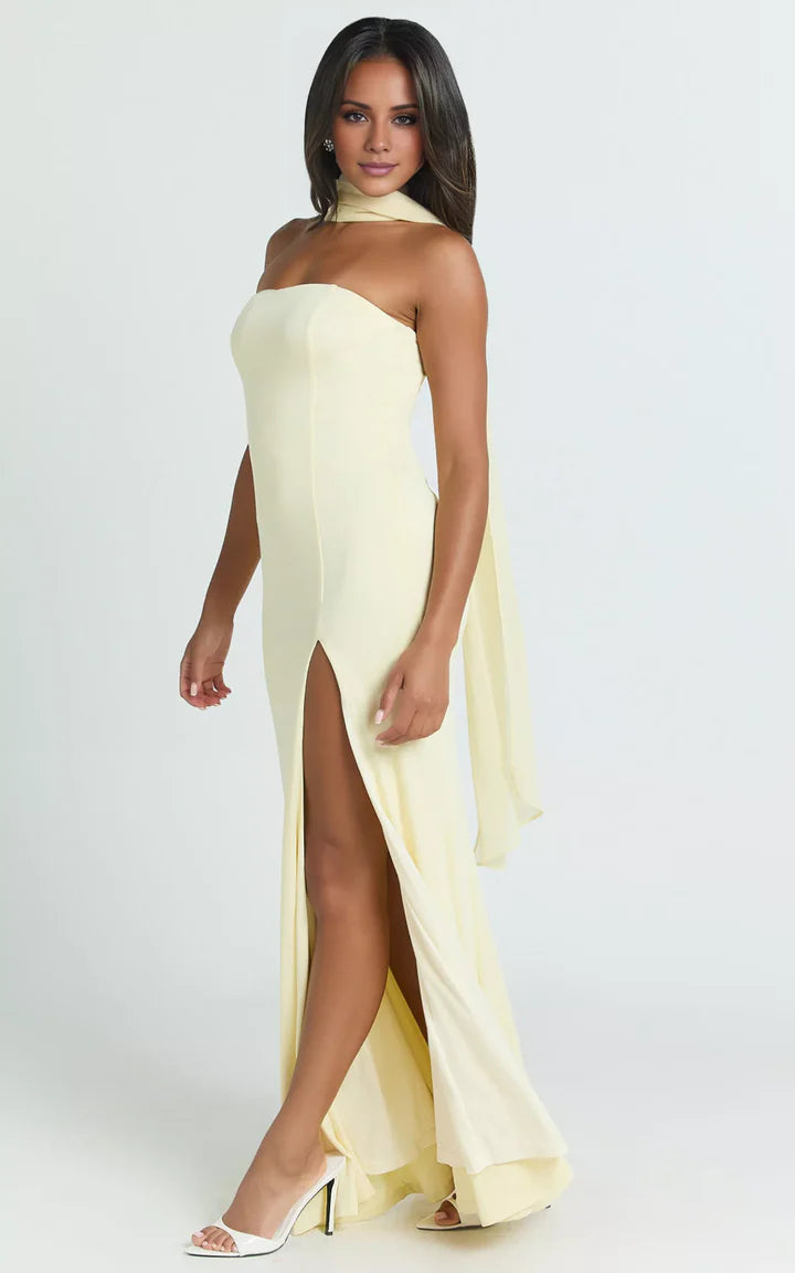 Pale Yellow Strapless High-Slit Mermaid Floor-Length Prom Dress