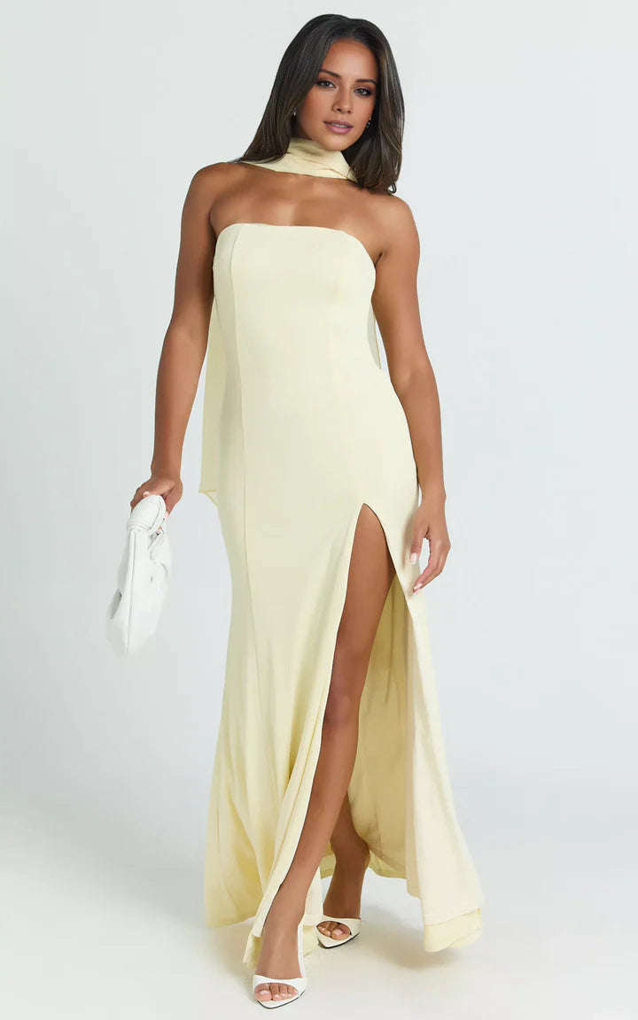 Pale Yellow Strapless High-Slit Mermaid Floor-Length Prom Dress
