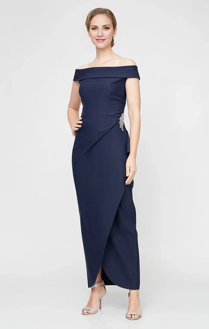 Navy Sheath Off‑The‑Shoulder Sleeveless Zip‑Back Ankle‑Length Mother Of The Bride Dress