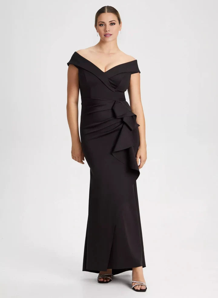 Black Off-the-Shoulder Ruffled Waist Mermaid Floor-Length Evening Dress