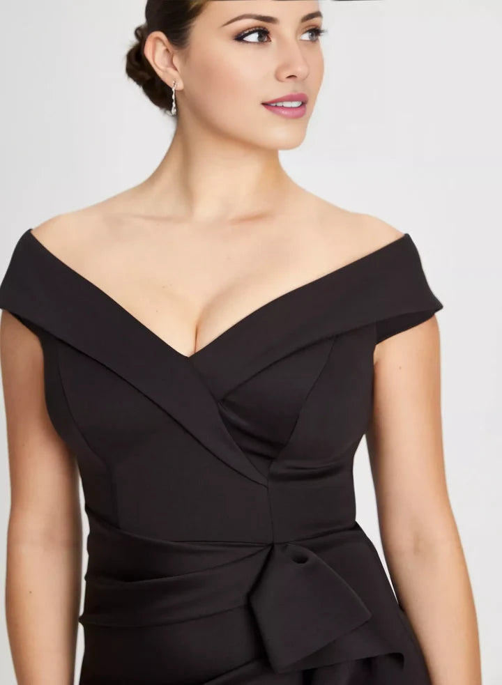 Black Off-the-Shoulder Ruffled Waist Mermaid Floor-Length Evening Dress