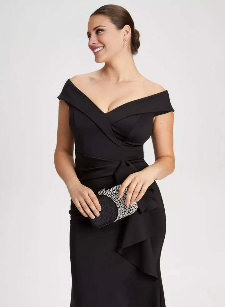 Black Off-the-Shoulder Ruffled Waist Mermaid Floor-Length Evening Dress