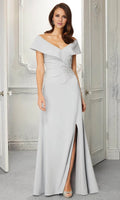 Silver Sheath Off‑The‑Shoulder Short‑Sleeve V‑Back Floor‑Length Mother Of The Bride Dress
