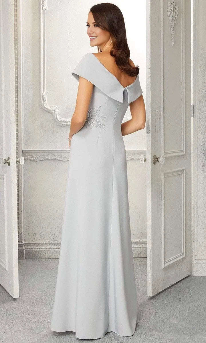 Silver Sheath Off‑The‑Shoulder Short‑Sleeve V‑Back Floor‑Length Mother Of The Bride Dress