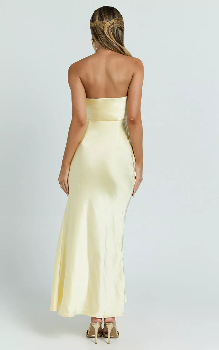 Pale Yellow Strapless Ruched High-Slit Floor-Length Prom Dress